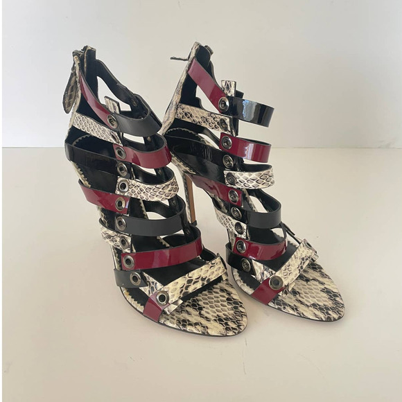 Aperlai Black and Burgundy Patent and Snakeskin Caged Sandals • Size 37 🔴 - Picture 1 of 4
